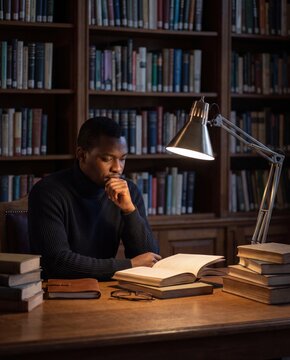 Man studying and reading open book at library desk surrounded by books under warm desk lamp