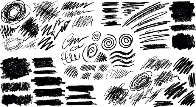 Collection of handdrawn charcoal and pencil scribble textures and brush strokes
