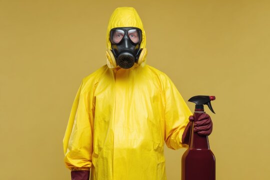 Person wearing a yellow hazmat suit and gas mask, holding a red spray bottle against a plain yellow background.