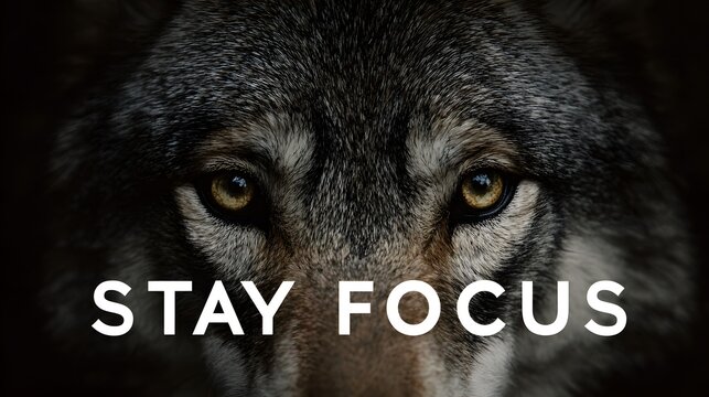 Close-up of wolf eyes with Stay Focus motivational message.