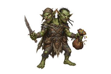 Fototapeta premium Two-headed green goblin rogue holding a notched dagger and carrying a leather sack spilling gold coins and gems.