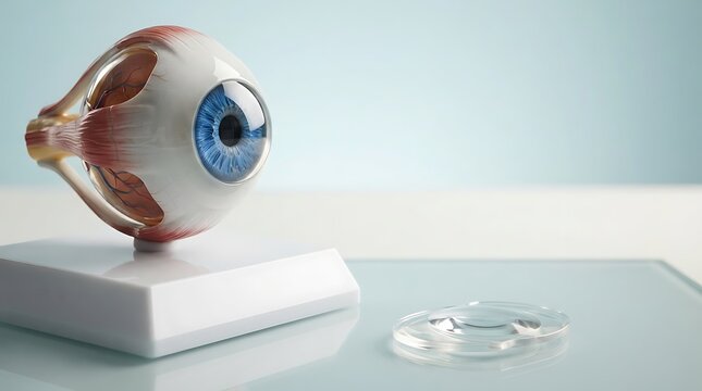 Anatomical model of a human eye with a contact lens nearby on a white surface