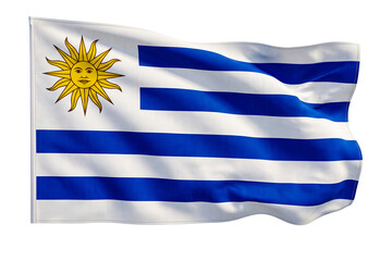 Obraz premium Uruguay national flag waving against transparent background with sun of may emblem detail.