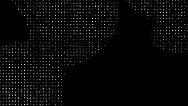 Abstract technology random dots and grid background with floating dot clusters, organic fluid dot matrix movement on black screen, futuristic cyber data particle.
