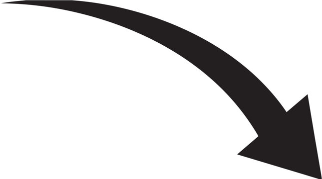 Black curved arrow pointing down and right isolated on white background.