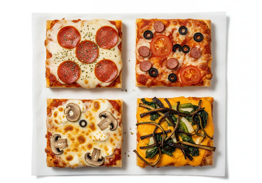 A top-down view of four distinct square pizza slices arranged symmetrically in a 2x2 grid on a sheet of white paper, isolated against a solid white background