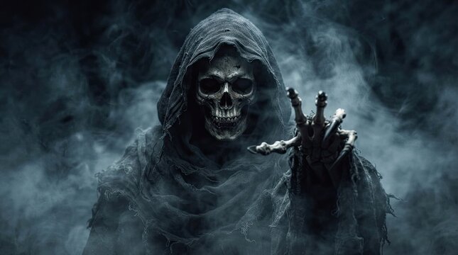 Hooded skeletal figure with skull face reaching hand forward through dark smoke with skeleton figure extends through swirling blue extends bony supernatural frightening mysterious mortality with death