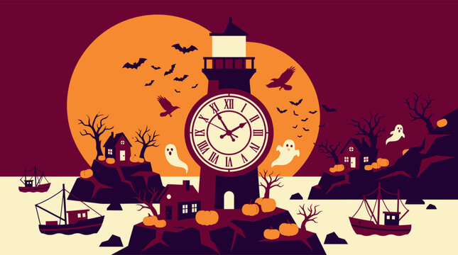 A spooky halloween banner featuring a mysterious lighthouse clock tower against a large glowing orange full moon
