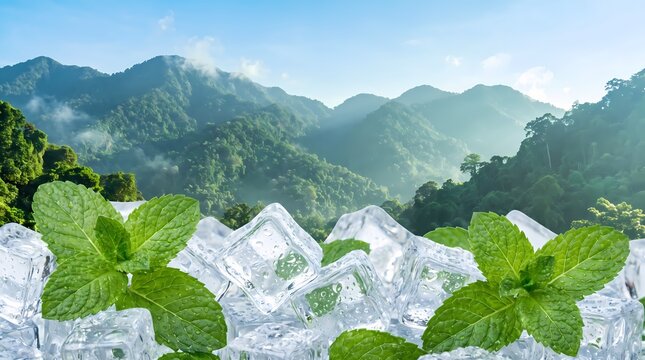 Fresh mint leaves on ice cubes with scenic mountain landscape background