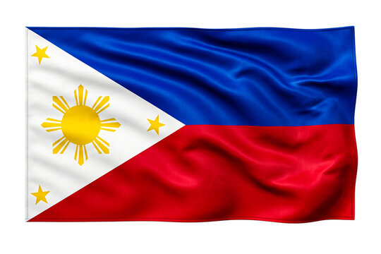Philippines flag waving on transparent background featuring sun and three stars iconography.