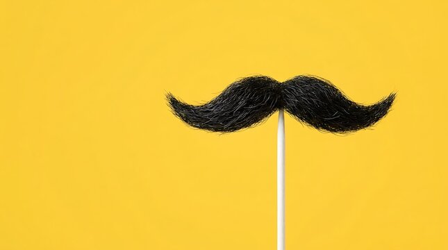 Black fake mustache prop on stick isolated against bright yellow background for comedy or disguise use