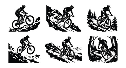 Fototapeta premium Mountain biker silhouettes depict active outdoor recreation and extreme sports