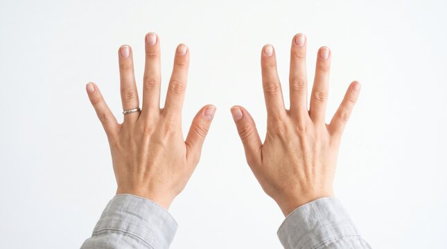 Two hands with fingers spread apart shown against a white background, wearing a ring on the left hand ring finger.