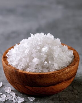 Wooden bowl filled with coarse sea salt