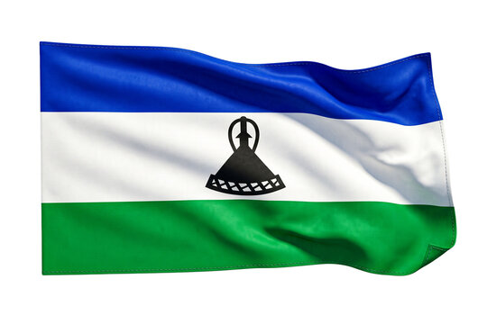 Waving lesotho flag fluttering fabric textile detailed national emblem on transparent background.