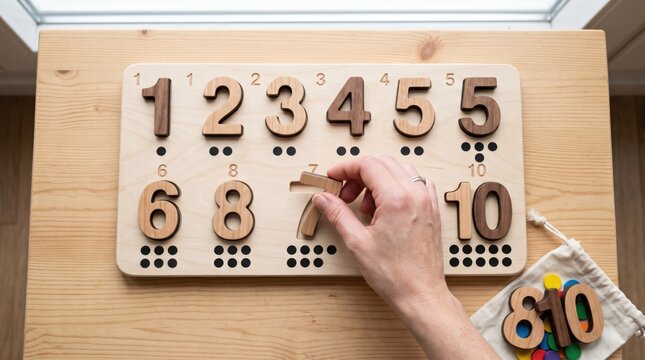 A hand places wooden number pieces on a tactile educational board featuring numbers 1 to 10 and corresponding Braille dots.