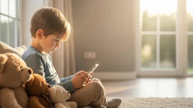 Screen Time Serenity: A young boy engrossed in a smartphone, flanked by his comforting teddy bear companions, finds quiet engagement in the gentle afternoon sunlight streaming through the window.