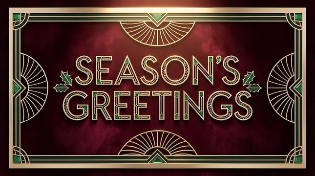 Art deco style seasons greetings card design with gold and green luxury elegant vintage typography and geometric borders