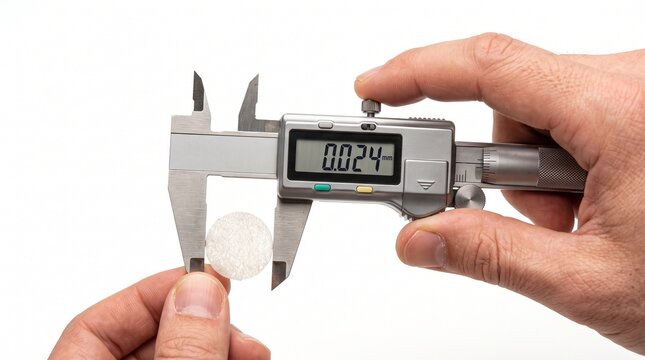 Precision digital caliper measuring small object, hands holding electronic micrometer gauge, industrial quality control tool on white background