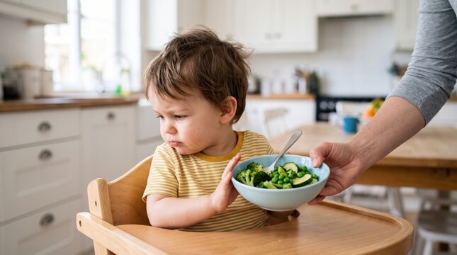 A toddler in a high chair rejects a bowl of vegetables being offered by an adult in a bright kitchen.