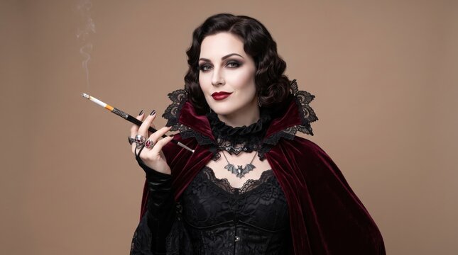 A woman dressed as a gothic vampire with dark makeup and a velvet cape smokes a cigarette holder against a plain backdrop.