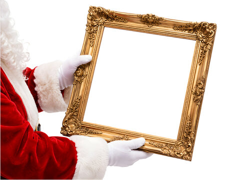 Santa Claus holding gold picture frame. Ornate vintage frame for Christmas message. isolated on Transparent Background