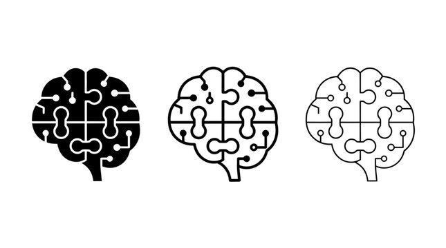 Vector icons set of cybernetic brains with puzzle and circuit board patterns representing artificial intelligence and technology concepts