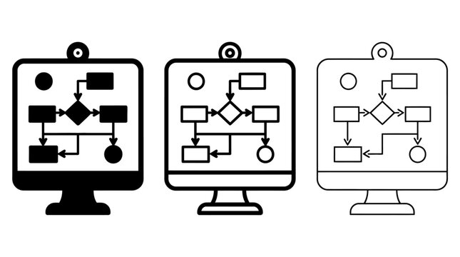 Set of three monitor screen icons featuring diverse flowchart diagrams in solid black, thick outline, and thin line artistic vector styles