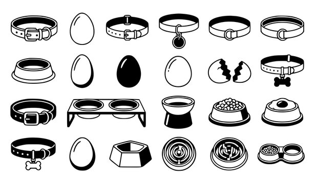 Pet care and food icons, dog collar egg and feeding bowl black white vector set