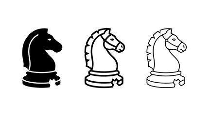 Set of vector icons featuring chess knight pieces in three distinct styles solid black silhouette, bold outline, and thin outline © Crushin