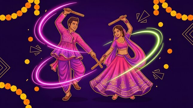 Festive navratri dandiya night event poster 2026 with neon typography, paisley patterns, and traditional dance silhouettes in ahmedabad