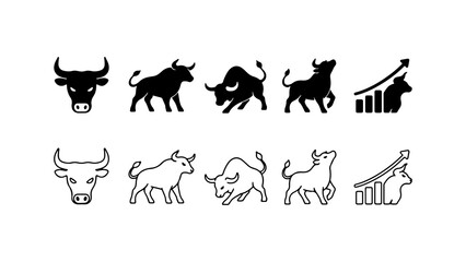 Fototapeta premium Bull Icon Set in Silhouette and Outline Style Vector