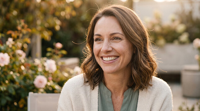 Middle-aged woman smiling in a garden during sunset  