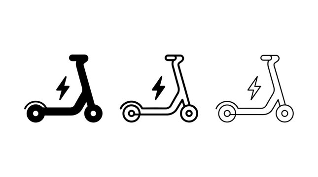 Set of three minimalist electric scooter icons with lightning bolt symbols representing eco-friendly urban transportation and micro-mobility solutions