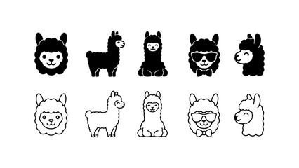 Naklejka premium Llama Icon Set in Silhouette and Line Art Style