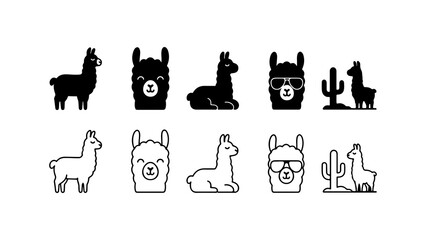 Naklejka premium Llama Icon Set in Silhouette and Line Art Style