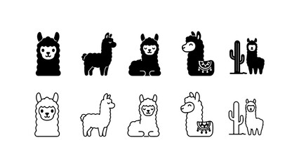Naklejka premium Cute Llama Icon Set in Silhouette and Outline Vector