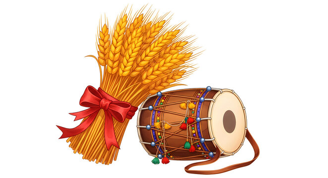Baisakhi festival celebration with wheat sheaf and traditional dhol drum on white background