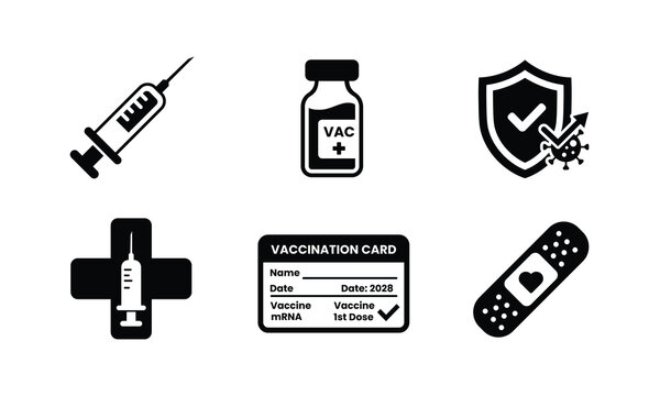 Set of black and white medical icons representing vaccination process and healthcare safety measures for public health