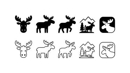 Obraz premium Moose Animal Icon Set in Silhouette and Line Art Style