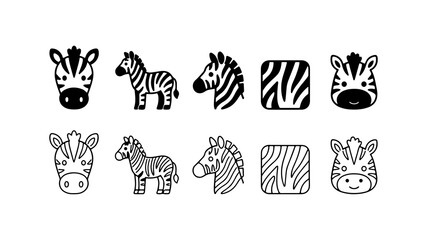 Naklejka premium Zebra Icon Set in Silhouette and Line Art Style