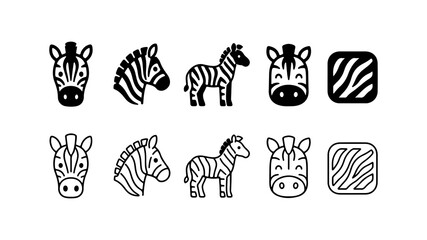 Naklejka premium Zebra Icon Set in Black Silhouette and Line Art Style