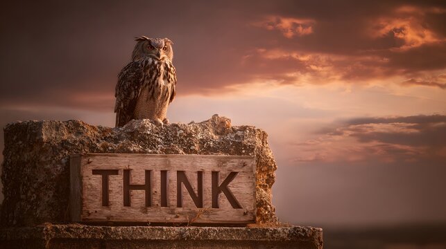 Owl perched above Think message carved on stone at dramatic sunset.