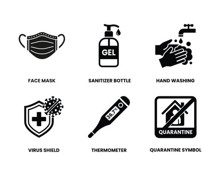 Set of black and white health and safety icons for virus prevention and medical hygiene protection measures