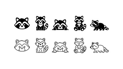 Fototapeta premium Raccoon Icon Set in Silhouette and Line Art Style