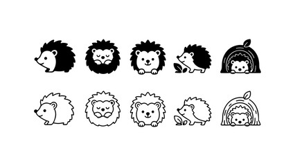 Fototapeta premium Cute Hedgehog Icon Set in Silhouette and Outline Style
