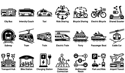 Multimodal Public Transport Icons Set, Bus Train Bicycle and Ferry Linear Vector © shahinur
