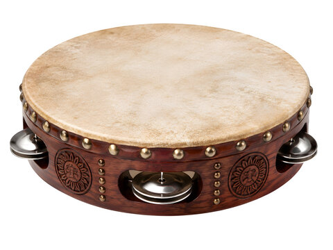 Vintage wooden tambourine, traditional hand drum, ethnic percussion instrument isolated on Transparent Background