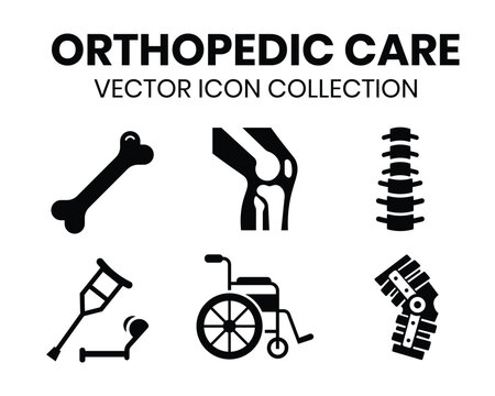 Orthopedic care vector icon collection featuring medical symbols for bones joints spine and mobility assistance equipment