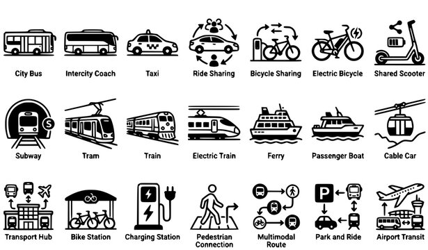 Multimodal Public Transport Icons Set, Bus Train Bicycle and Ferry Linear Vector